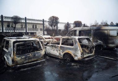 Taraz, Kazakhstan - January 7, 2022 - Burnt out cars after protests and unrest in Kazakhstan