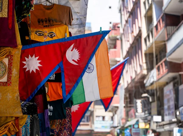 Flaggen Nepals Und Indiens Auf Der Straße Von Kathmandu Einem — Stockfoto