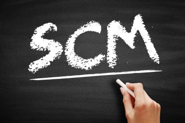 SCM Tedarik Zinciri Yönetimi - mal ve hizmetlerin akışının yönetimi, işletmeler ve mekanlar arasında, karatahta üzerindeki kısaltma metin kavramı