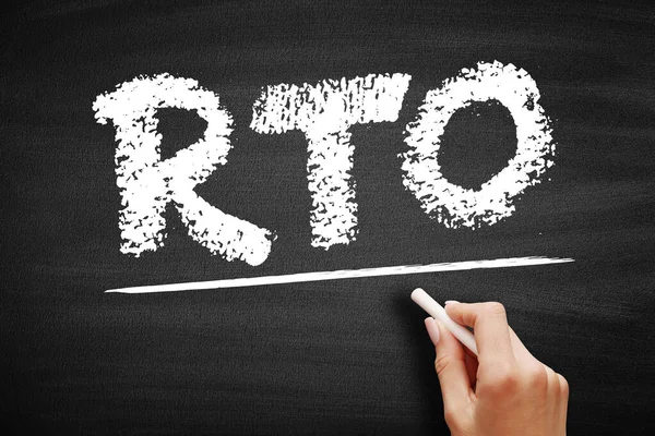 RTO Recovery Time Objective - amount of real time has to restore its processes at an acceptable service level after a disaster, acronym text concept on blackboard