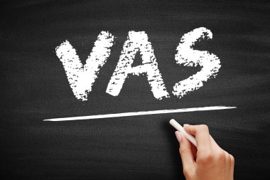 VAS Katma Değer Servisi - çekirdek dışı hizmetler için popüler telekomünikasyon sektörü terimi, standart ses çağrılarının ötesinde, kara tahta üzerindeki kısaltma metni