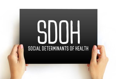 SDOH Sağlığın Belirleyicileri - sağlık durumundaki bireysel ve grup farklılıklarını etkileyen ekonomik ve sosyal koşullar, kart üzerindeki kısaltma metinleri