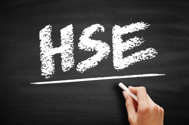 HSE Sağlık Güvenliği Ortamı - belirli bir çevreye yönelik potansiyel tehlikeleri belirleyen süreçler ve prosedürler, kara tahta üzerindeki kısaltma metni