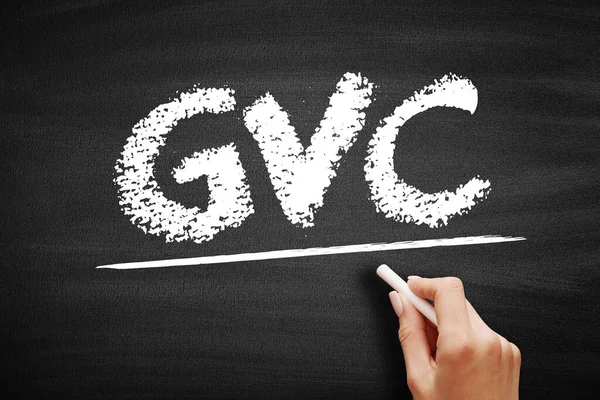 GVC Global Value Chain - full range of activities that economic actors engaged in to bring a product to market, acronym text on blackboard