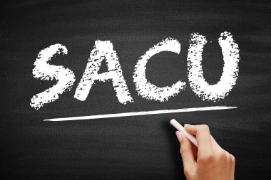 SACU Güney Afrika Gümrük Birliği - Güney Afrika 'nın beş ülkesi arasındaki gümrük birliği: Botswana, Eswatini, Lesotho, Namibya ve Güney Afrika, kara tahta üzerindeki kısaltma metni