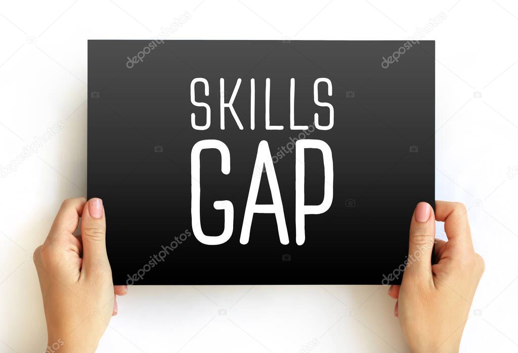 Skills Gap is a gap between the skills an employee has and the skills he or she actually needs to perform a job well, text concept on card