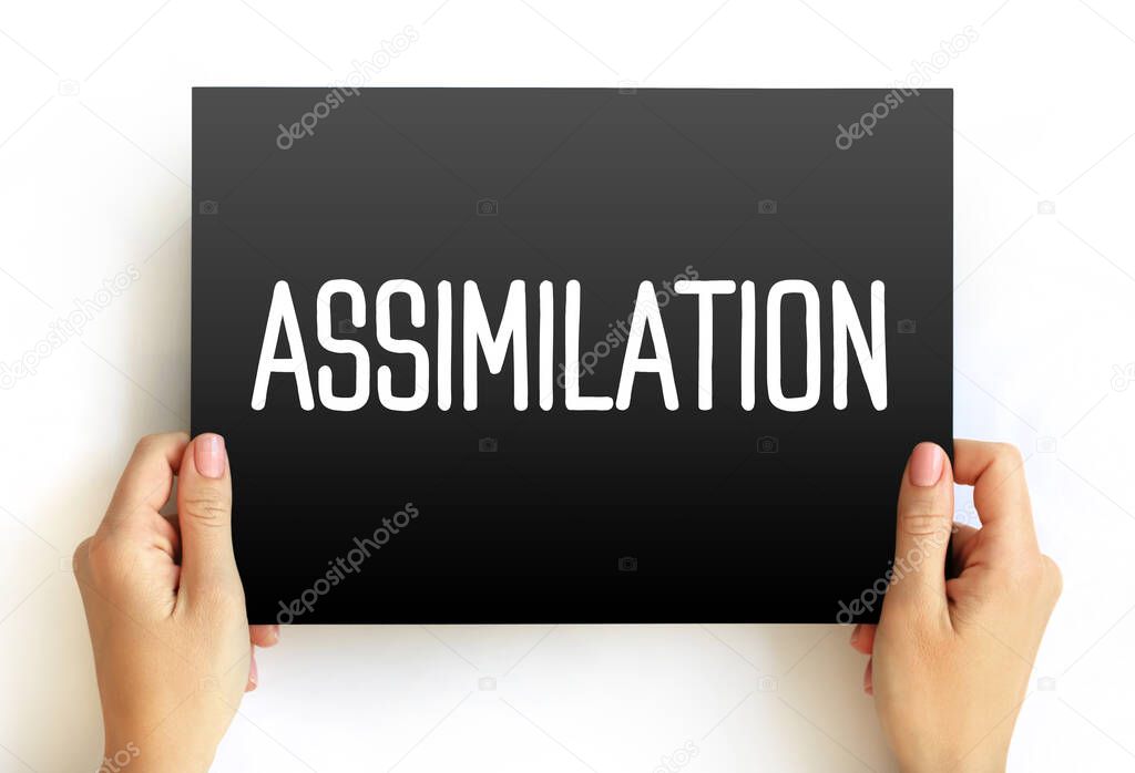 Assimilation - process whereby individuals or groups of differing ethnic heritage are absorbed into the dominant culture of a society, text concept on card