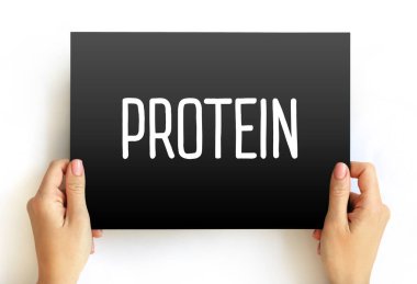 Protein - büyük biyomoleküller ve makro moleküller bir veya daha fazla uzun amino asit zinciri, kart üzerindeki metin kavramı
