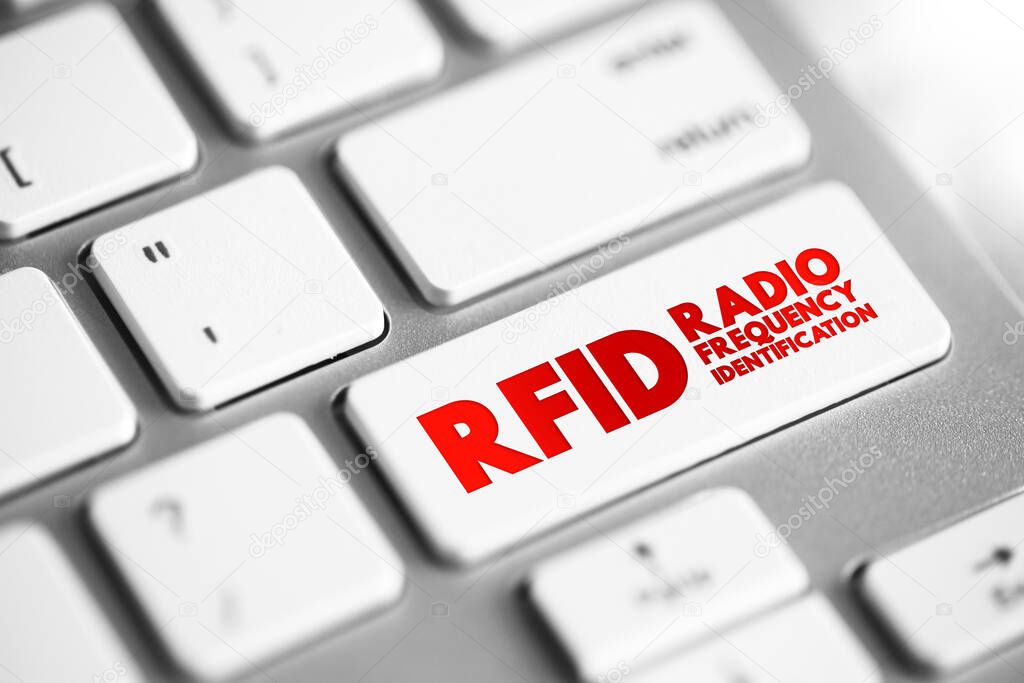 RFID Radio-Frequency Identification - electromagnetic fields to automatically identify and track tags attached to objects, text button on keyboard