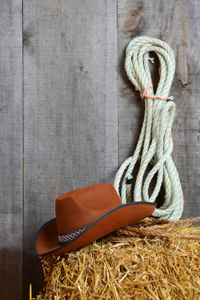 Cowboy hat on straw with ropes