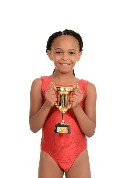 Criança sul-africana com troféu de ginástica — Fotografia de Stock