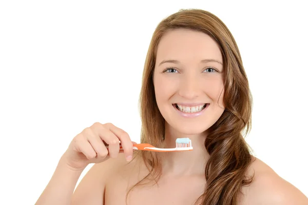 Teen flicka med tandborste — Stockfoto