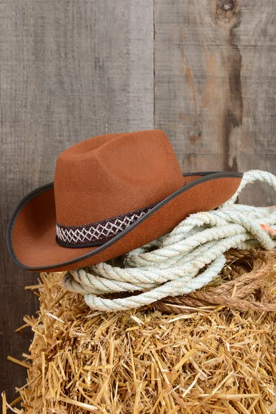 Closeup kovbojský klobouk a lana — Stock fotografie