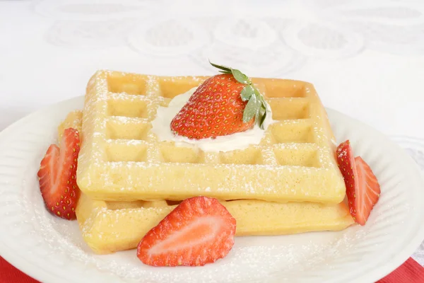 Macro strawberry and cream waffles — Stock Photo, Image