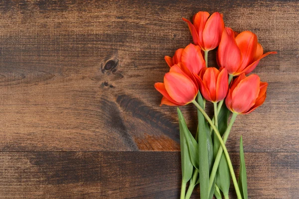 Red tulips on wood — Stock Photo, Image