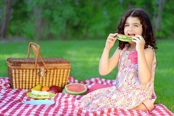 Kind mit Scheibe Wassermelone beim Picknick — Stockfoto