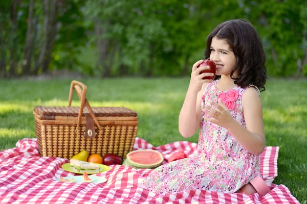 Menina comendo maçã no piquenique — Fotografia de Stock