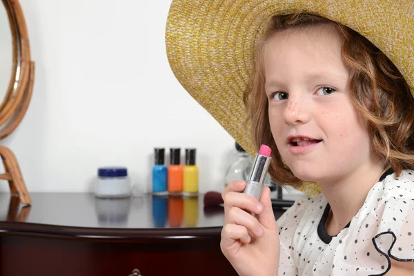 Closeup little girl with lipstick — Stock Photo, Image