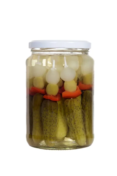 Jar of pickle skewers — Stock Photo, Image