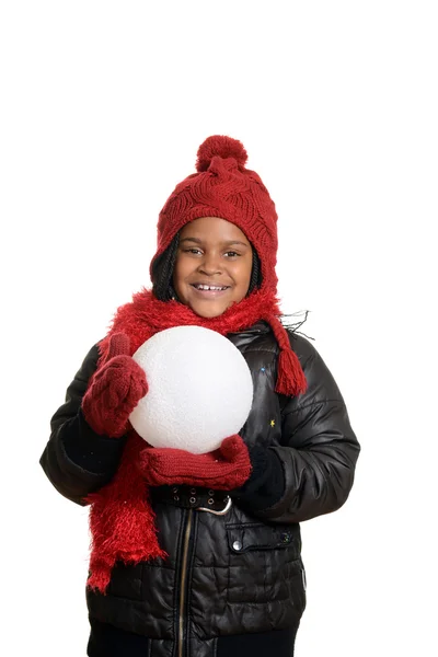 Menina segurando grande bola de neve — Fotografia de Stock