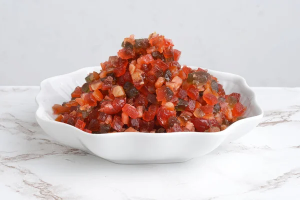 Closeup Bowl Mixed Glace Candied Fruit — Stock Photo, Image