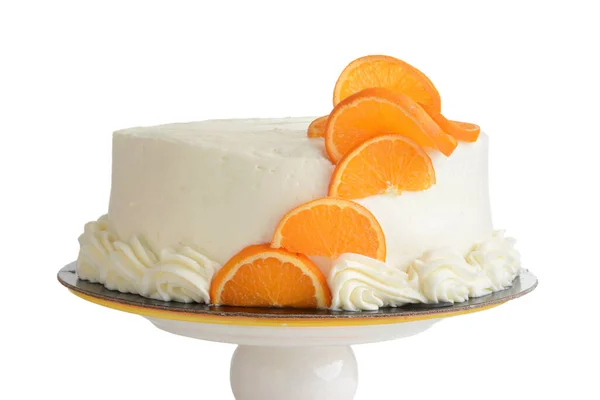 Isolierte Nahaufnahme Vanillekuchen Mit Orangenscheiben — Stockfoto