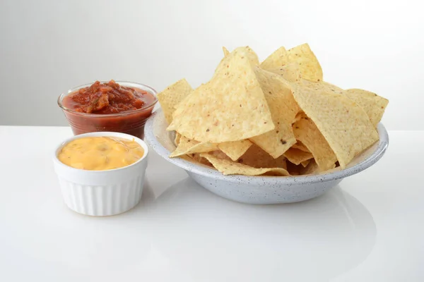 Bowl Nacho Chips Salsa Cheese — Stock Photo, Image