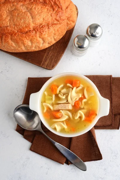 High Angle View Chicken Noodle Soup Spoon — Stock Photo, Image