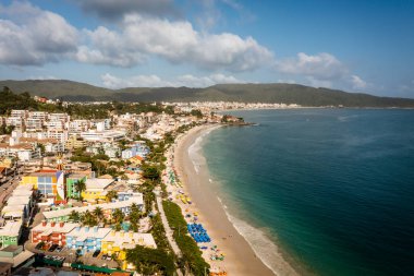 Aerial view of the coastline and beaches in the resort town of Bombinhas, Brazil