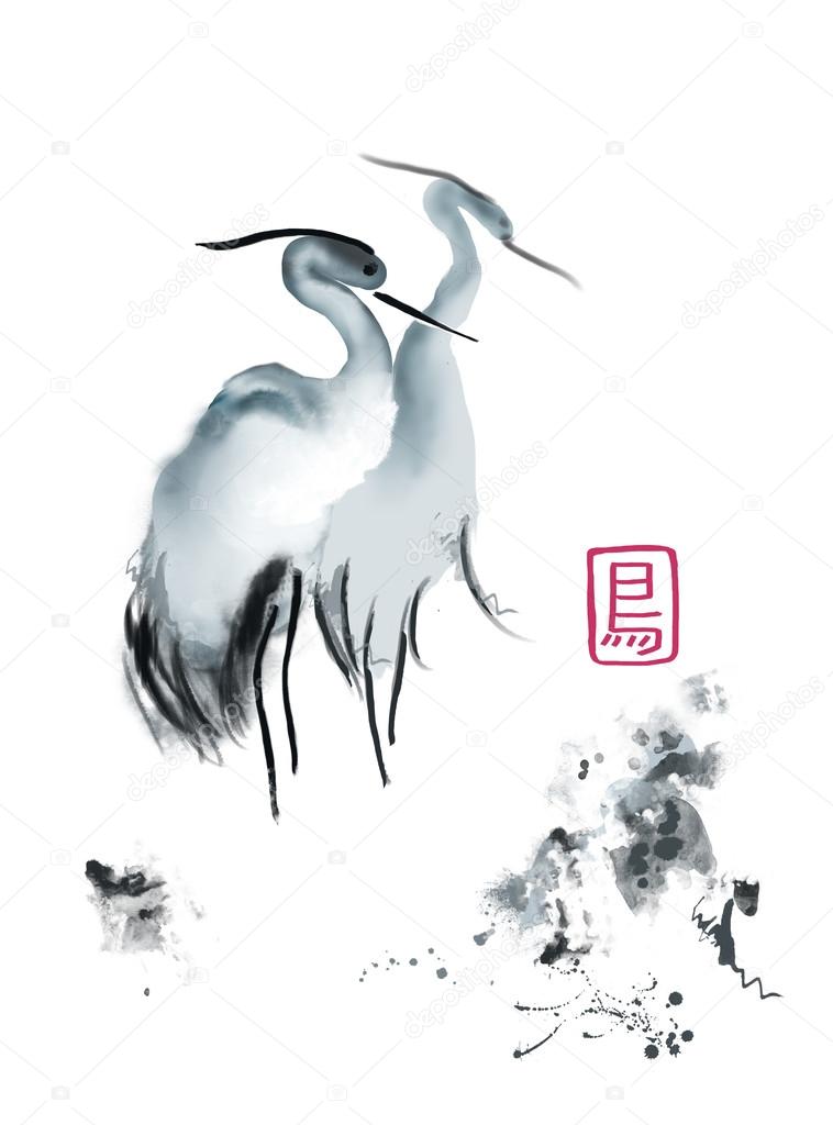 Asian crane watercolor
