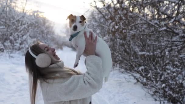 A woman hugs her funny Jack Russell Terrier dog in a snowy park, holds her in her arms and tosses her, covered with snow, the concept of winter vacation. — Vídeo de Stock
