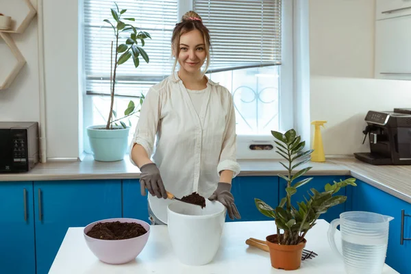 Şirin bir kız evde bahçe eldivenleriyle çiçek naklediyor. Evinizi bitkilerle ve taze çiçeklerle süsleyin..