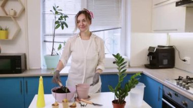 A cute girl transplants a plant at home in garden gloves. Walk and decorate your home with plants and fresh flowers