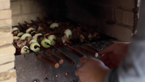 Kebab Cooking Outdoors Metal Skewer Traditional Eastern Dish Marinated Barbecue — Video