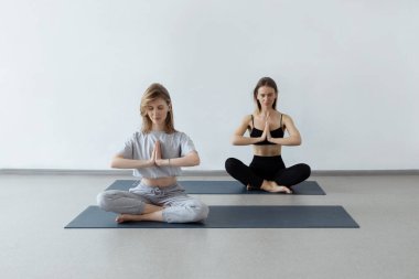 İki atletik çekici kız içerde yoga minderinin üzerinde lotus pozisyonunda otururlar. Yoga, spor ve sağlıklı yaşam tarzı.. 