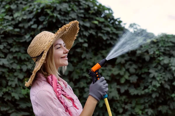 Portrait Happy Young Woman Gardener Watering Garden Hose Hobby Concept — Stok Foto