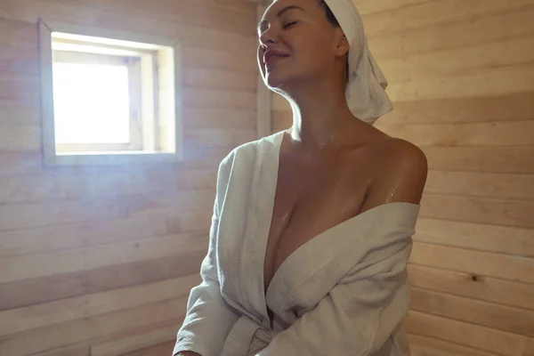 Beautiful Young Woman Relaxing Finnish Sauna — Zdjęcie stockowe