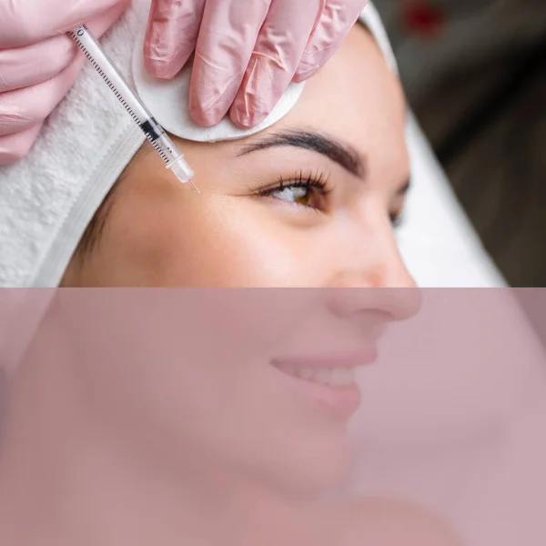 Close Hands Young Cosmetologist Injecting Botox Female Face She Standing — Stock Photo, Image
