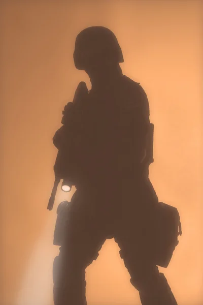 SWAT officer silouette in the fog — Stock Photo, Image