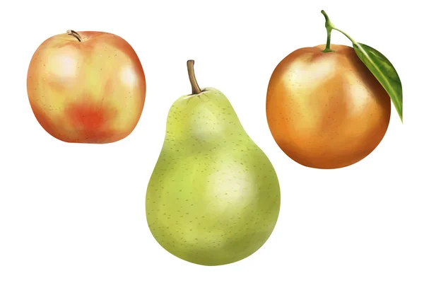 Jablko, pomeranč & hruška ilustrace — Stock fotografie