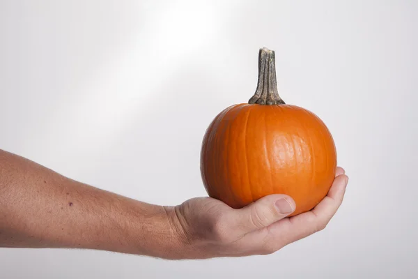 Mão segurando grande abóbora laranja — Fotografia de Stock