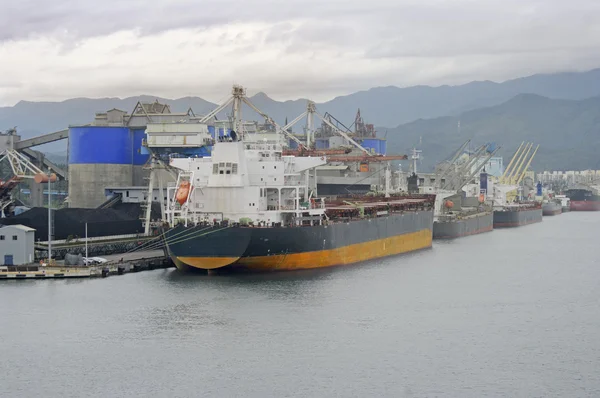 Large ships freighters in a busy port harbor — Stock Photo, Image