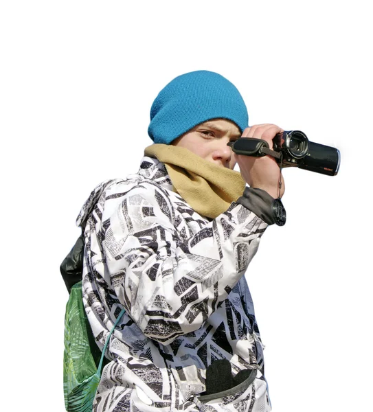 Young boy with camcorder on white background Royalty Free Stock Images