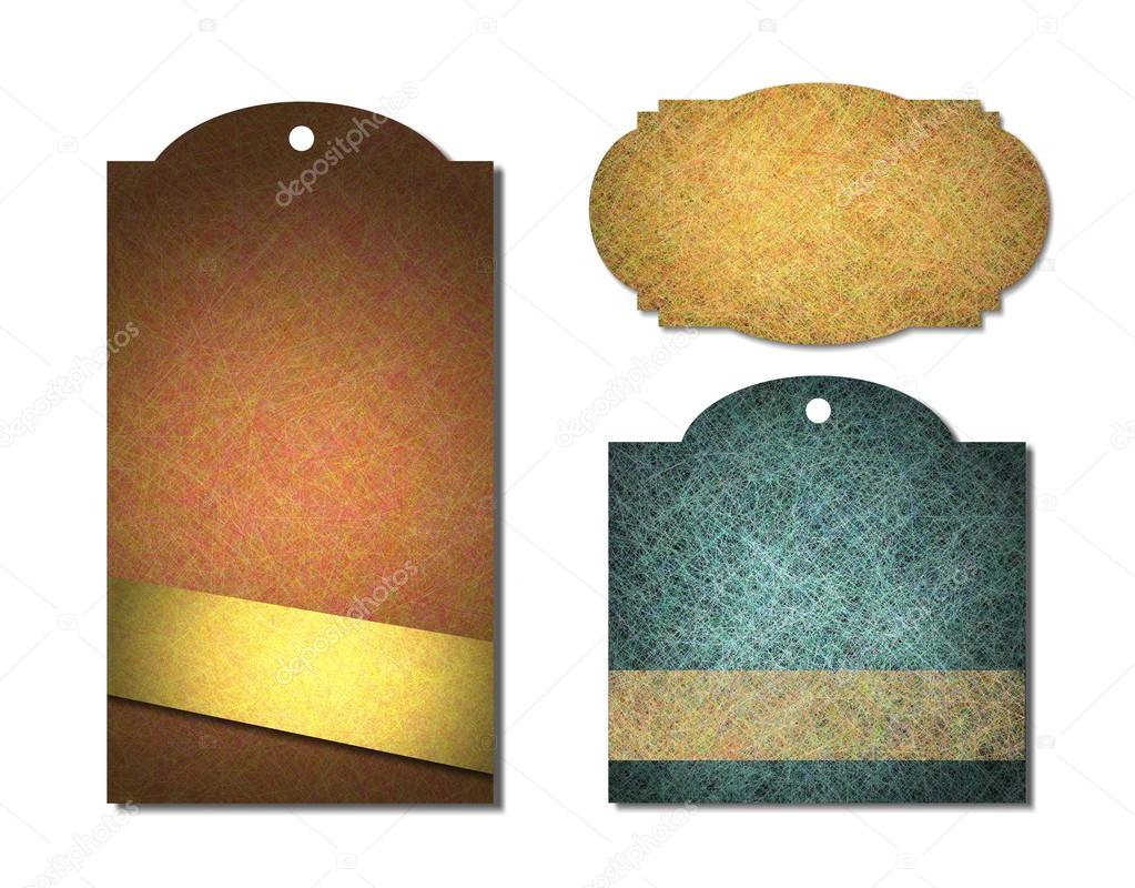 vintage label or sales tags with grunge texture and ribbon in brown gold blue yellow and orange, blank price tags on white background