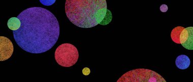 Renkli pembe, mavi, sarı, kırmızı, yeşil ve mor arkaplanda daireler ve noktalar ile soyut modern sanat arka plan tasarımı