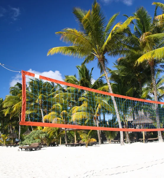 Tropical beach with volleyball net under palm trees — Stock Photo, Image