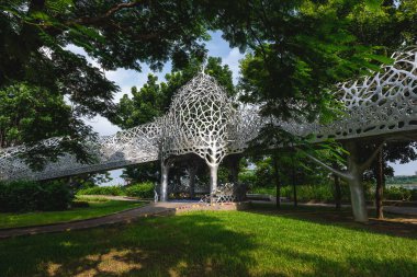 July 14, 2022: Rippling Moonlit Talk, designed by the artist Wen chih Wang and built in 2011 of aluminium, stainless steel, pottery steel and iron at lantan scenic area in chiayi city, taiwan.
