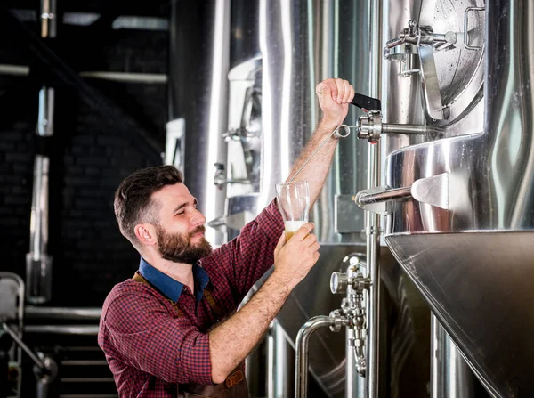 Jonge brouwer met een leren schort test bier in een moderne brouwerij — Stockfoto