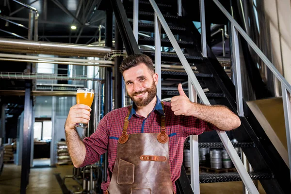 Jovem cervejeiro macho em avental de couro na fábrica de cervejaria moderna — Fotografia de Stock