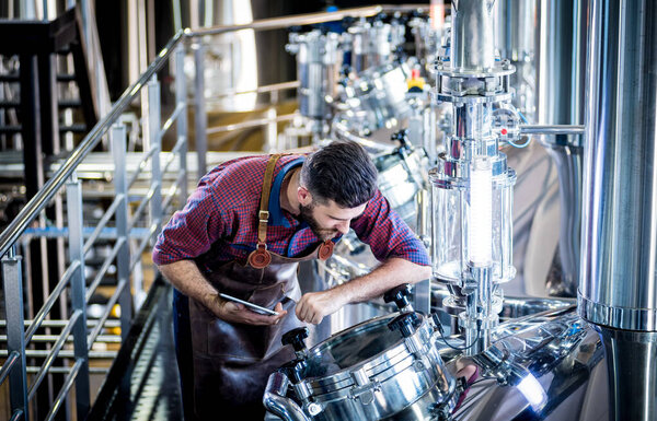 Young male brewer in leather apron supervising the process of beer fermentation at modern brewery factory